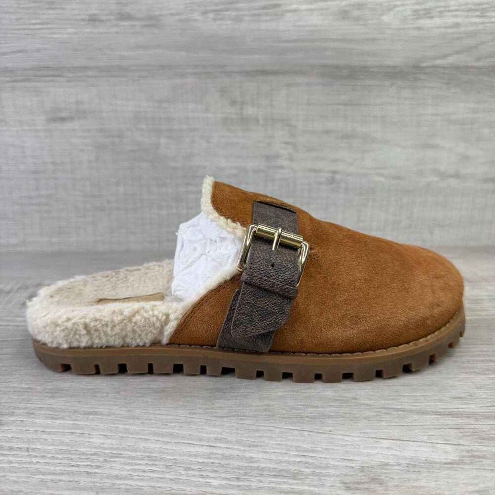 Michael Kors Judd Womens 7.5 M Slipper Brown Suede Faux Fur Comfort Slip On Clog